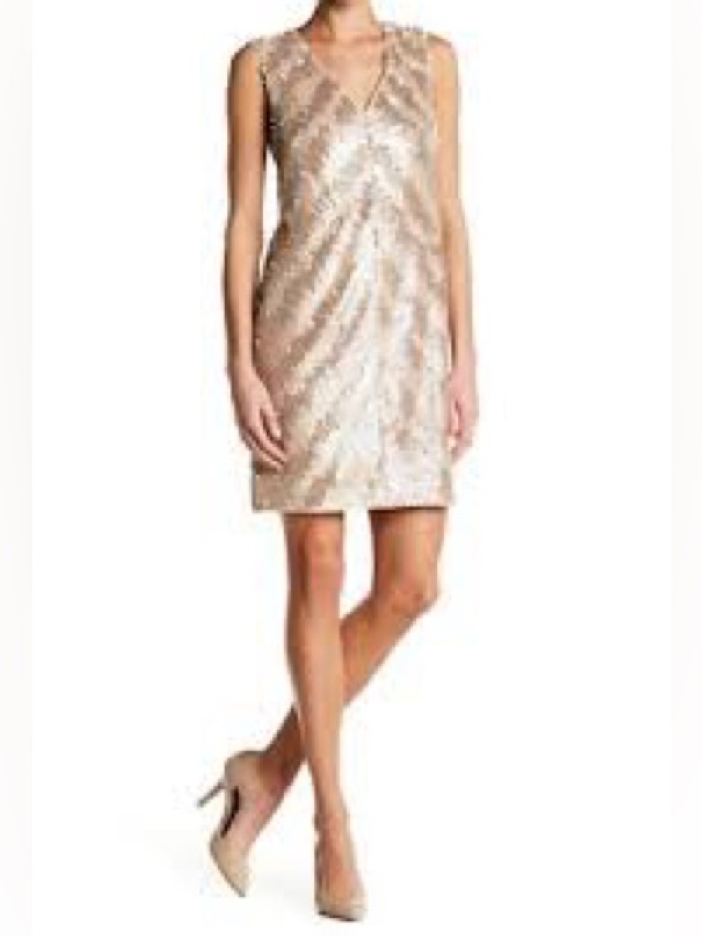 NWT Rachel Roy V-Neck Sleeveless Sequin Dress, Size 4 Gold/Champagne (SR: $179)